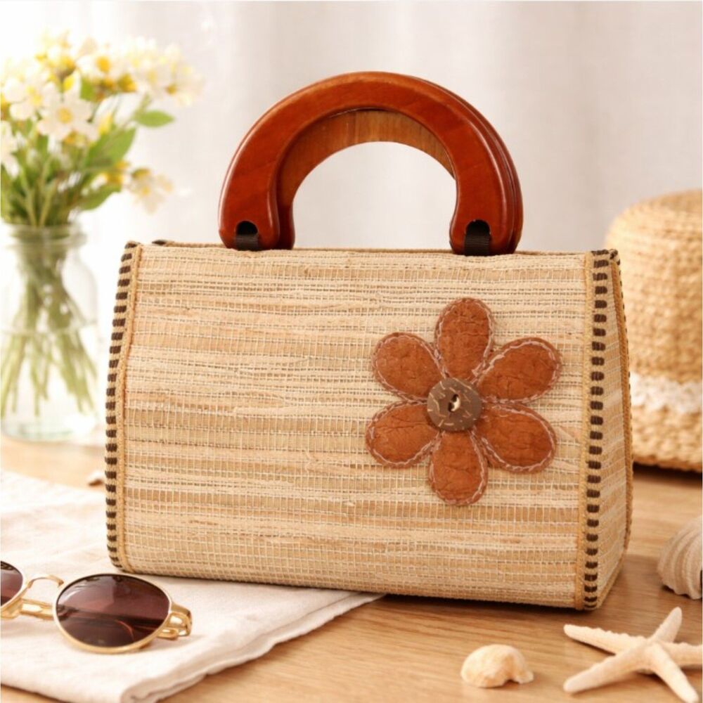 Vintage Mini Straw Raffia Purse Wood Handles Cork Flower Lined Handbag